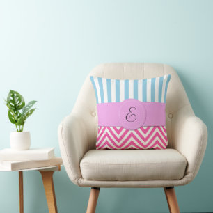 Roze zigzag, Chevron, Blauwe Stripes, Monogram Kussen