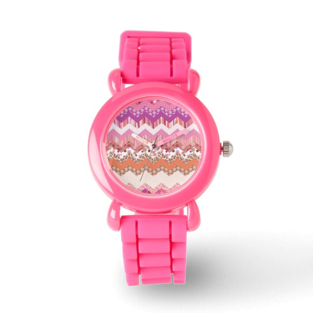 Roze zigzagachtergrond horloge (Voorkant)
