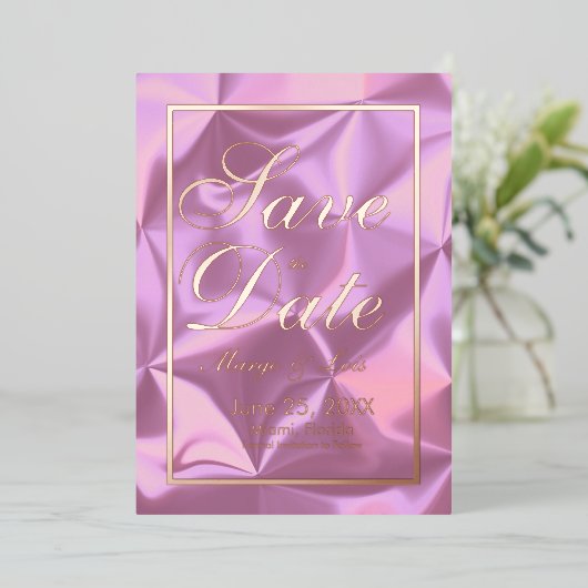 Roze zijde opslaan Datum Gold geperst Folie Uitnodiging (Staand Voorkant)