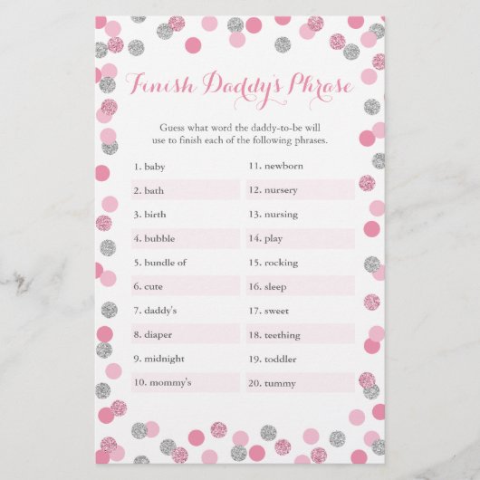 Roze zilver Baby shower Afwerking Phrase Game (Voorkant)