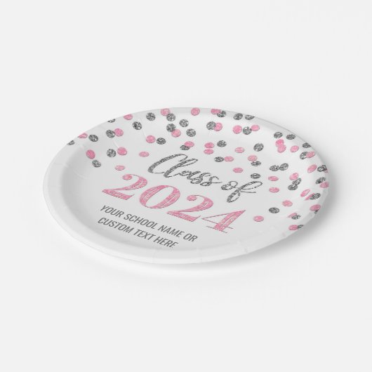 Roze Zilver Confetti Afstuderen 2024 Papieren Bordje (Gekanteld)