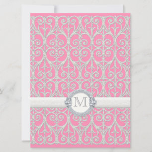 Roze zilver, diamanten en kant, monogrammed Weddin Kaart