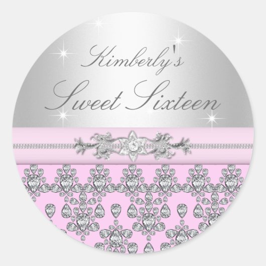 Roze & Zilver Diamond Sweet 16 Sticker (Voorkant)