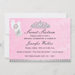 Roze & zilver Diamond Tiara Sweet Sixteen Invite Kaart