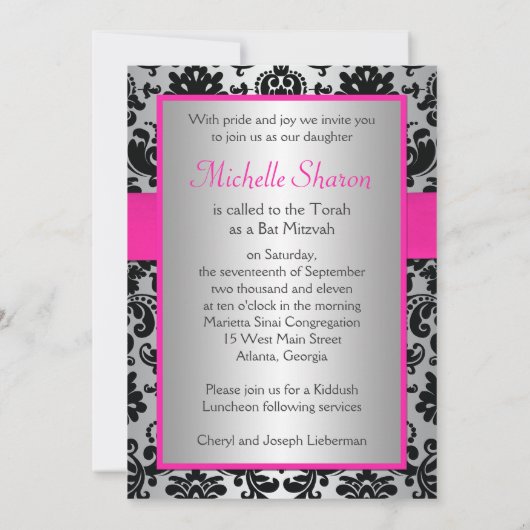 Roze, zilver en Black Damask Bat Mitzvah Invite Kaart (Achterkant)