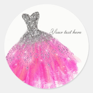 Roze & Zilver Glitter Glam Jurk Bruidsfeest Ronde Sticker