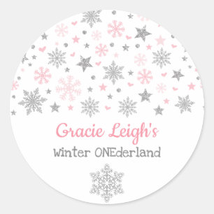 Roze zilver Glitter Winter Snowflake ONEderland Ronde Sticker
