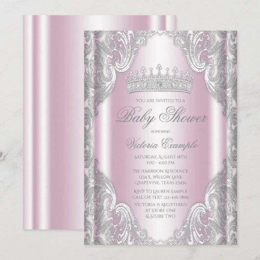 Roze Zilver Grijs Fancy Princess Baby shower Kaart (Voorkant / Achterkant)