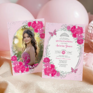 Roze Zilver Quinceañera Bloem 15e Verjaardagsfoto Kaart