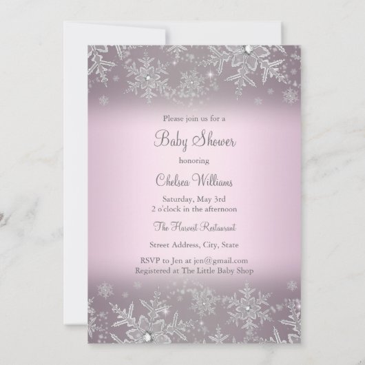 Roze zilver Sparkle Snowflake Baby shower nodigt u Kaart (Achterkant)