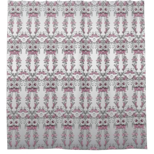 Roze Zilver Wit Bloemen Douchegordijn (Voorkant)