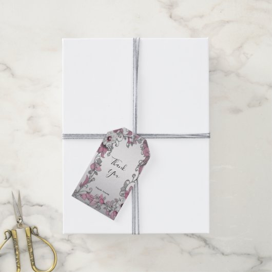 Roze Zilver Wit Bloemen Gift Label Cadeaulabel (Met Touw)