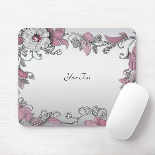 Roze Zilver Wit Bloemen Mousepad Muismat (Met muis)