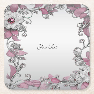 Roze Zilver Wit Bloemen Papier Onderzetter