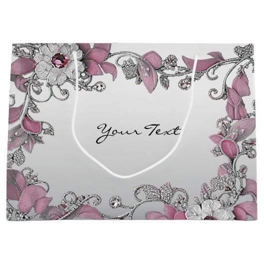 Roze Zilver Witte Bloemige Cadeautas (Voorkant)