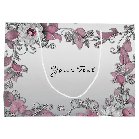 Roze Zilver Witte Bloemige Cadeautas (Achterkant)