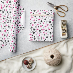 Roze Zilver Zwarte Sterren Verjaardag Cadeaupapier