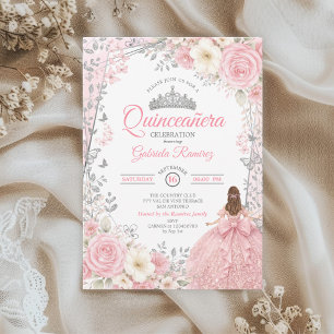 Roze Zilveren Aquarelrozen Quinceañera  Kaart