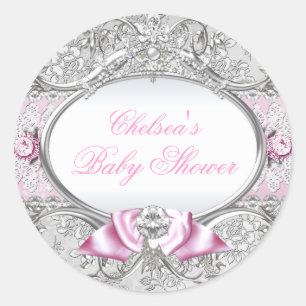 Roze & Zilveren Bloemen Bow Baby shower Sticker