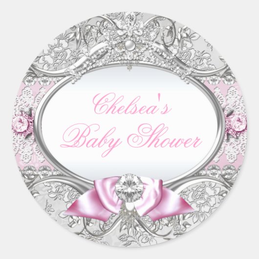 Roze & Zilveren Bloemen Bow Baby shower Sticker (Voorkant)