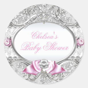 Roze & Zilveren Bloemen Bow Baby shower Sticker