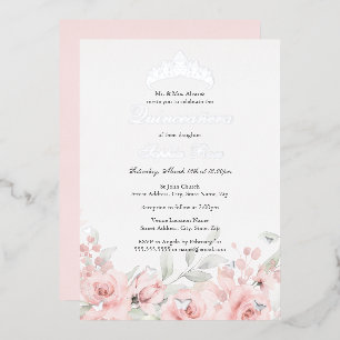 Roze Zilveren Bloemen Tiara Quinceanera Folie Uitnodiging