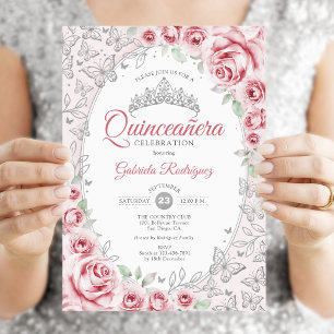Roze Zilveren Bloemige Quinceanera Kaart