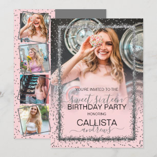 Roze Zilveren Confetti Border Foto Sweet 16 Kaart