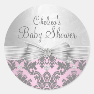 Roze & Zilveren Damast Baby Shower Sticker