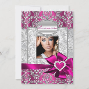 Roze & Zilveren Damast Quinceanera Aankondigingen