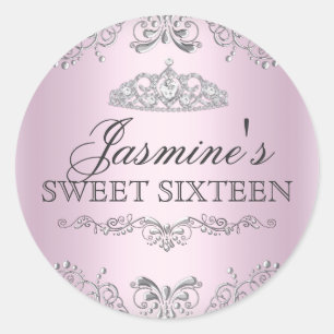 Roze Zilveren Damast Tiara Sweet 16 Sticker