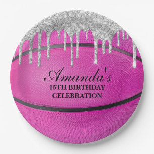 Roze Zilveren Drip Basketbal Papieren Bordje