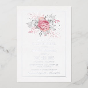 Roze, zilveren en witte bloemige babyshower folie uitnodiging