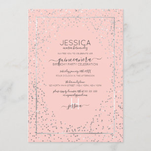 Roze zilveren glitter Confetti Border Quinceañera Kaart