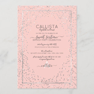 Roze Zilveren Glitter Confetti Border Sweet 16 Kaart