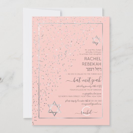 Roze Zilveren Glitter Diagonale Confetti Bat Mitsw Kaart (Voorkant)