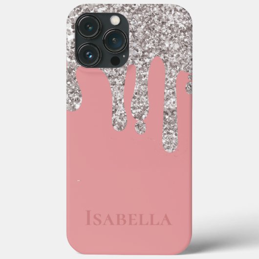 Roze Zilveren Glitter Drips Gepersonaliseerd Monog Case-Mate iPhone Case (Achterkant)