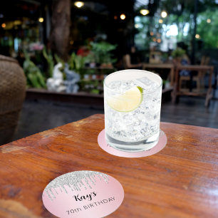 Roze zilveren glitter druppels naam verjaardag ronde kartonnen onderzetter