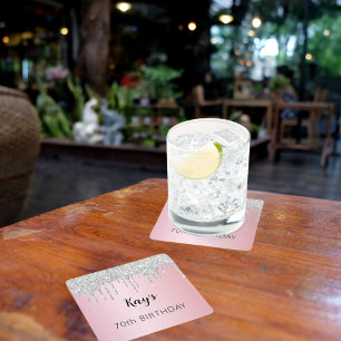 Roze zilveren glitter druppels naam verjaardag vierkante kartonnen onderzetter