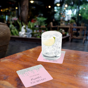 Roze zilveren glitter druppels naam verjaardag vierkante kartonnen onderzetter