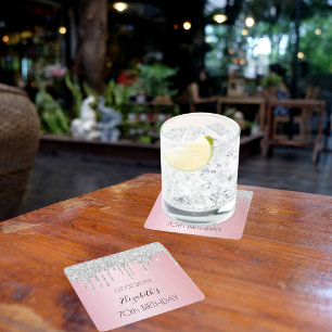 Roze zilveren glitter druppels naam verjaardag vierkante kartonnen onderzetter