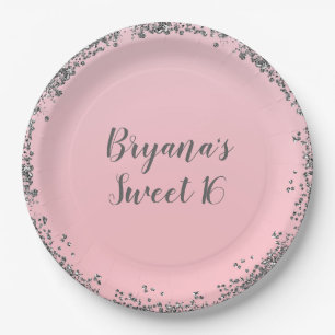 Roze zilveren glitter glamour rand Sweet 16 feestj Papieren Bordje