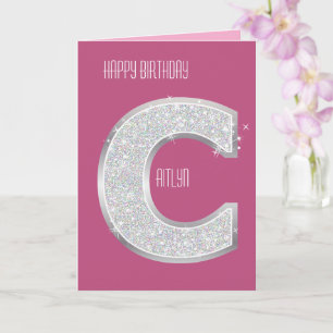 Roze zilveren glitter letter C Kaart