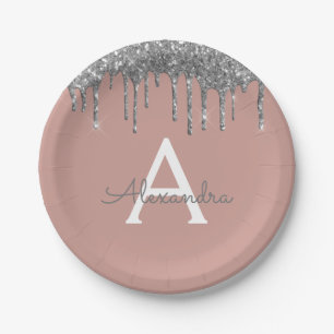 Roze Zilveren Glitter Monogram Verjaardag Papieren Bordje