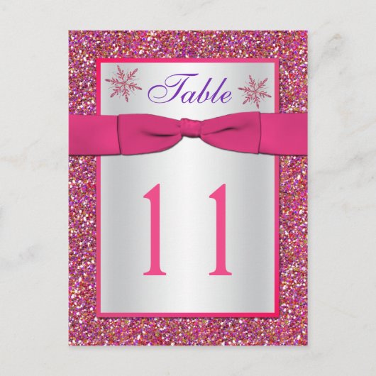 Roze, Zilveren Glitter Sneeuwvlokken Tafelnummer K (Voorkant)