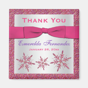Roze, zilveren glitter Snowflakes Favor Magnet Magneet