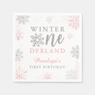 Roze Zilveren Glitter Winter Onederland 1e verjaar Servet
