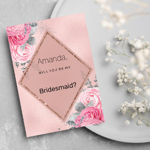 Roze zilveren glitters pioen bloemig bruidsmeisje kaart