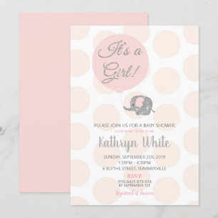 Roze zilveren olifant baby shower uitnodiging meis