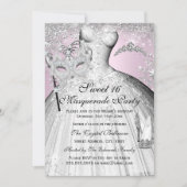 Roze Zilveren Prinses Masquerade Sweet 16 Uitnodig Kaart (Voorkant)